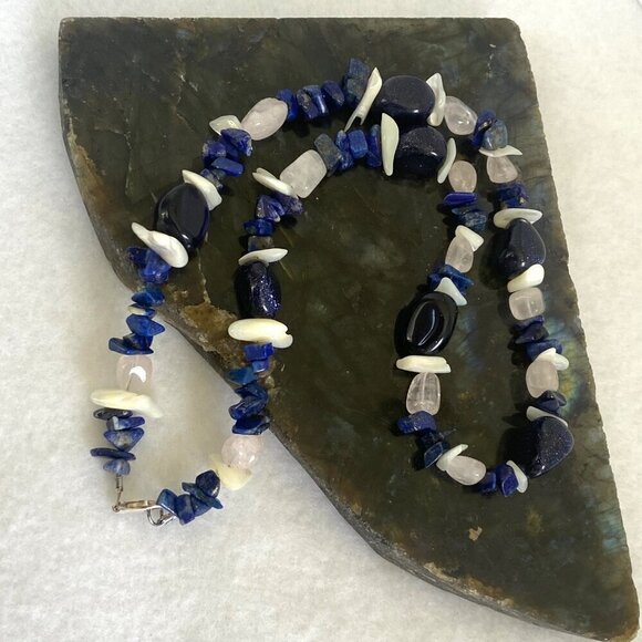 Sterling Silver 925 Sodalite Quartz MOP Blue Goldstone Beaded Necklace 17.5" - Picture 4 of 16